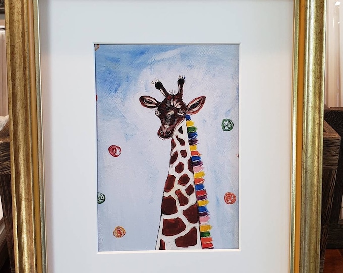 Artist PRINT Giraffe  "Her Name is April"- zoo theme nursery wall art - Unframed white matted to 8x10 frame size- gallery art
