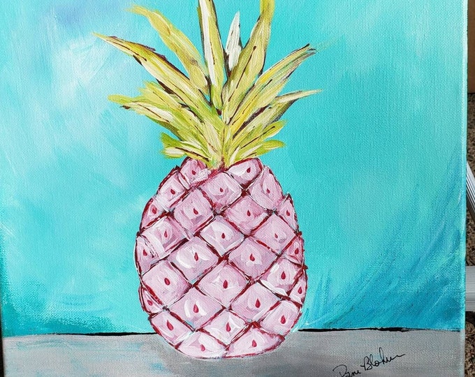 Pink Pinapple Hawaiian Fruit wall art -12x12 original acrylic painting Tropical Pinapple kitchen decor-pink and teal wall art