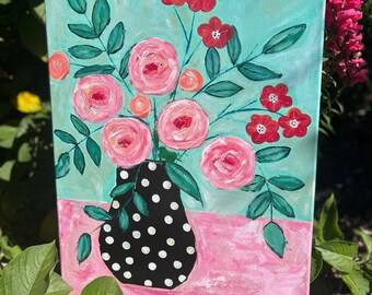 Flowers "Summer Bouquet" Original acrylic painting -18X24 Large Wall art - Bold Flowers - Pink Roses