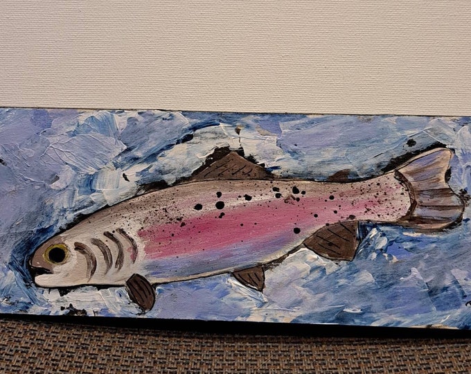 Rainbow Trout "River"  - Fish art Original Acrylic Painting 4x12 Birchwood Canvas -Fly Fisherman wall art- Fish Decor