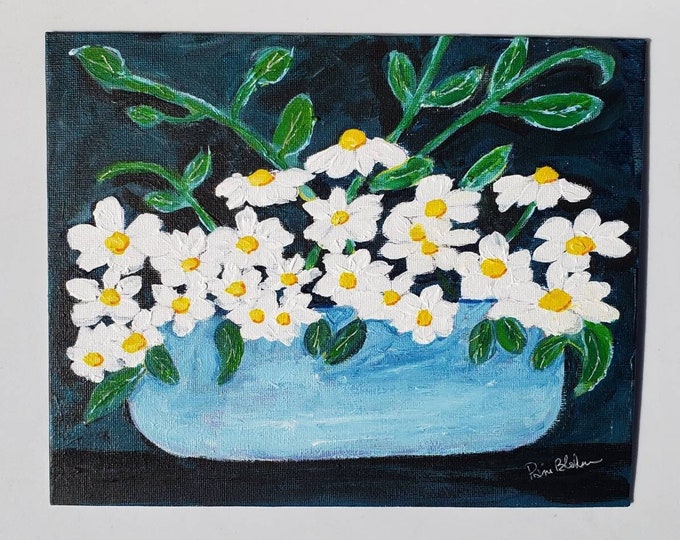 Vase of Daisy Flowers Original Acrylic Painting- White Daisies artwork-8x10 canvas panel