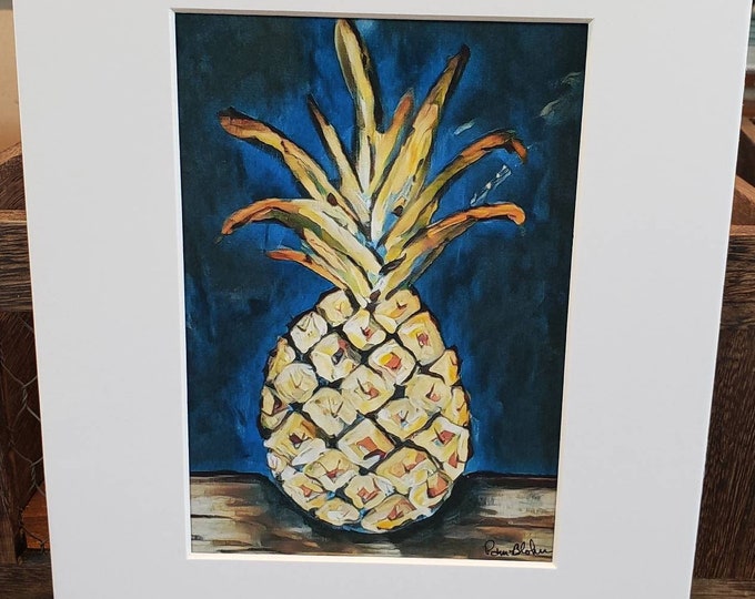 Fruit art  Print" Moonlight Pineapple " Kitchen Decor- Navy and Gold Home Decor White Matted to 8x10- Yellow Gold Pineapple Wall art