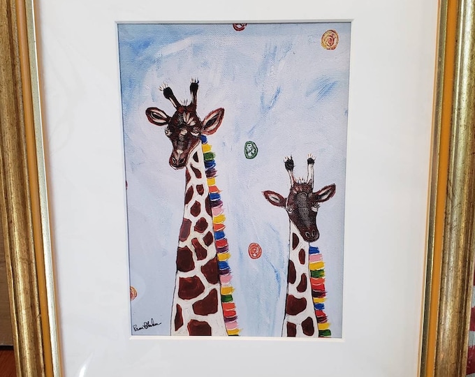 Giraffe Artist PRINT "Quite the Pair" -African Giraffe Momma and Baby -white matted to 8x10 frame size -Zoo Theme Art