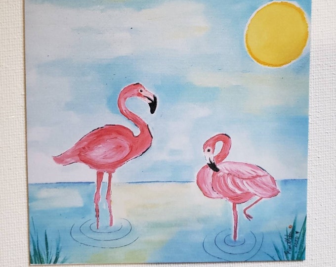 Magnet Art - "2 Flamingos"  in the Sunshine - 3.75 inch Artist Fridge magnet- Small art gift idea- Flamingo Magnet