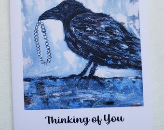 Raven  "Thinking of You"  Notecards - Set of 5 includes self adhesive envelopes and shipping-4.25x5.5" - Black Bird Notecard - Blank Inside