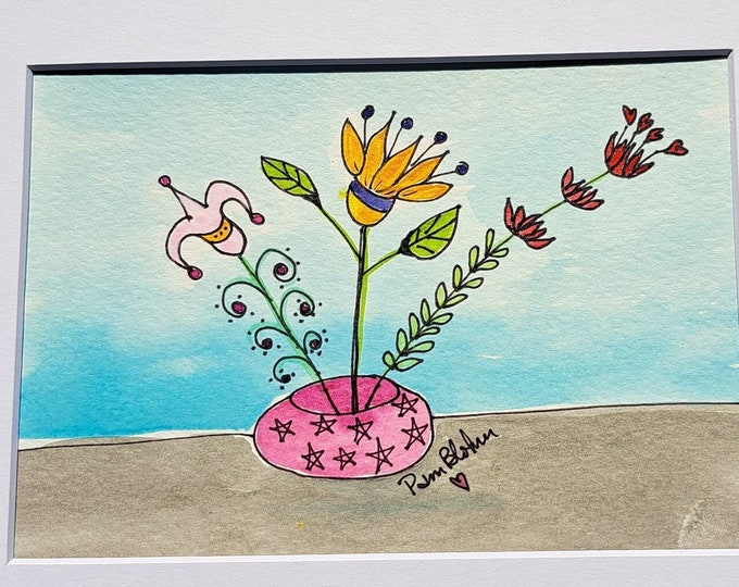 Boho "Fun Floral" original watercolor and ink painting white matted to 8x10-Whimsical Flowers in Vase