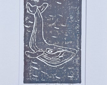 Humpback Whale "Deep Diving"  Linoleum Block Print- White Matted to 8x10 Frame size - Grey Home Decor -Ocean Art