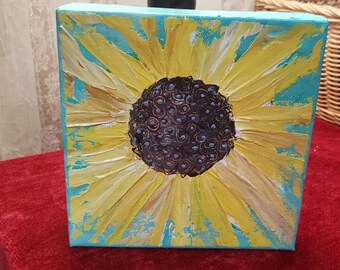 Sunflower Original acrylic painting "Sunny Delight" - 6x6  Flower art on Canvas Panel- Flower art home decor- Mantle /Shelf art.