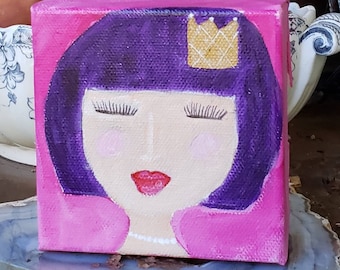 Original art "The Queen" - Purple  Hair Girl & Gold Gold Crown-4x4 stand alone small art- Acrylic Painting Gift idea -Shelf art