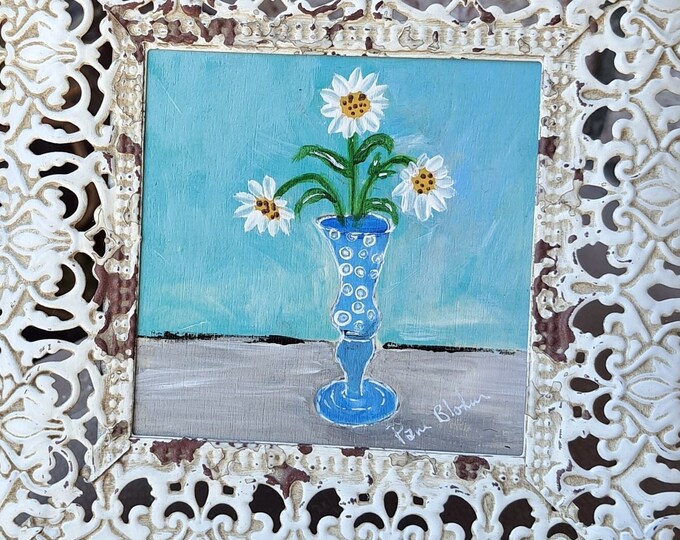 Framed White Daisies in a Blue Polka-dot vase- 4x4 Original Acrylic Painting on Birchwood canvas-Framed Artwork Gift Idea.