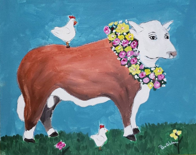 Original Acrylic Painting "Cow with Flower Lei " - Tribute to Ira Yeager Series-8x10 canvas Panel cow artwork- Boho wall art- farmhouse cow