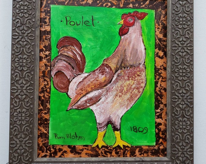 FRENCH Poulet Chicken original acrylic painting - 8x10 Canvas Panel - Tribute to Ira Yeager-Boho Vibe Artwork