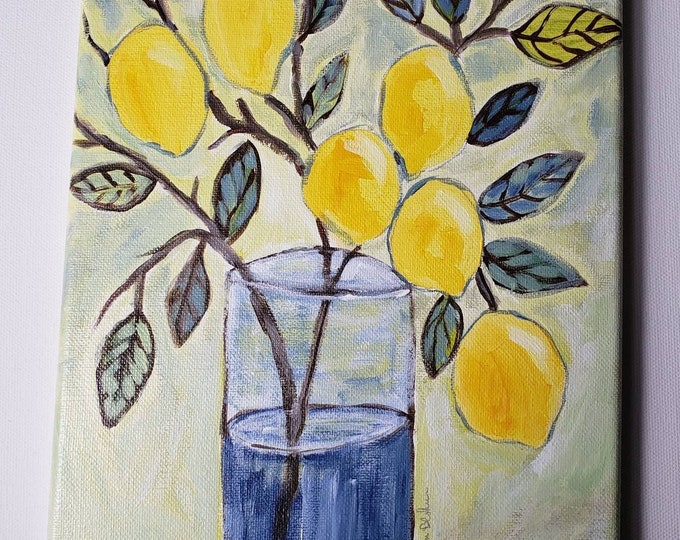 Yellow Lemons "Fresh Branch " -Original Acrylic Art -  Kitchen Wall art - 8x10 Lemon Theme  Wall art