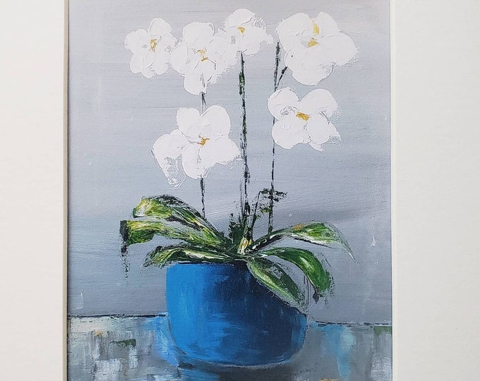 Print "Orchids of White" in Blue Pot - Artist PRINT white matted to 8x10 frame size-Orchid Flower Wall art