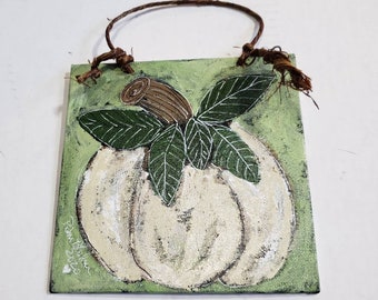WHITE  Pumpkin- original acrylic painting- "Leaves of Green"   5.75x5.75 canvas Panel -  Green and Beige Fall holiday decor