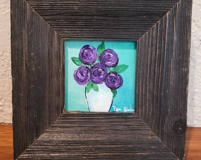 FRAMED  "Purple Roses " - Original acrylic art-  3x3 small  art on Birchwood canvas- Purple Flowers Small art- Purple and Teal Home Decor