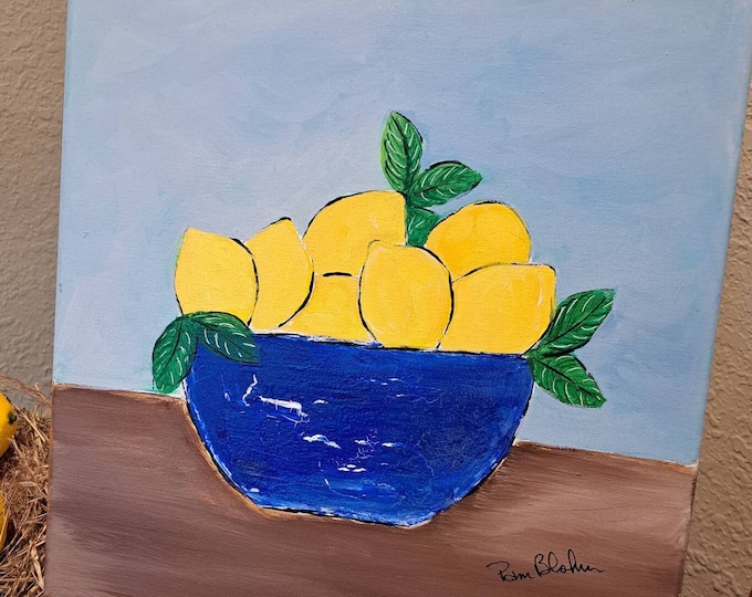 Lemons Wall in Blue Bowl- original acrylic painting -12x12 Yellow and Blue home Decor