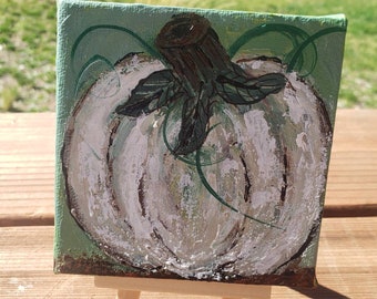 Holiday decor -White pumpkin small art-4x4 stretched canvas original acrylic painting including pine display easel-green and white deco