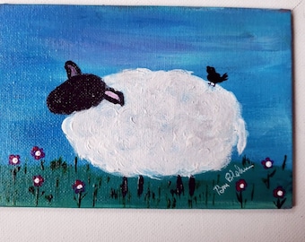 Original small art "Sweet Sheep" Farm animal- 4x6 acrylic painting on canvas PANEL- Farmhouse art- Folk art sheep art- Sheep Spirit Animal