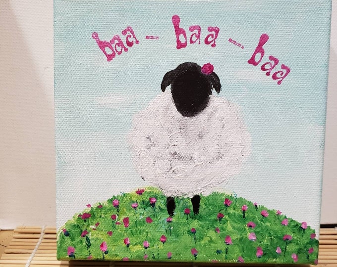 Original Acrylic Painting "Sweet Sheep"  - gallery wrap canvas shelf art - Farm Theme nursery art- Sheep Farmhouse 6x6 small  Art