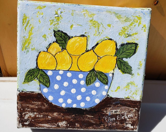 Lemon Painting- Original "Polka Dot Bowl with Lemons "- Acrylic Artwork  kitchen wall art - 6x6 stretched canvas-Blue Bowl of Lemons