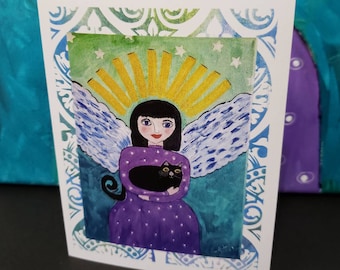 Artist Note Cards Set "Angel & Her Black Cat" -  5 Blank  cards  with Envelope -set of 5 Angel greetings -Printed in the USA