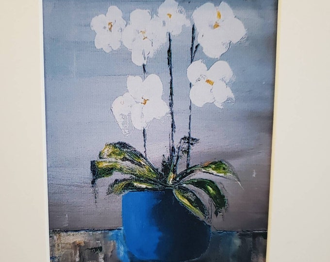 Fine Art Print - "White Orchid"  8x10 white matted Flower Art - Orchid art in Blue Pot