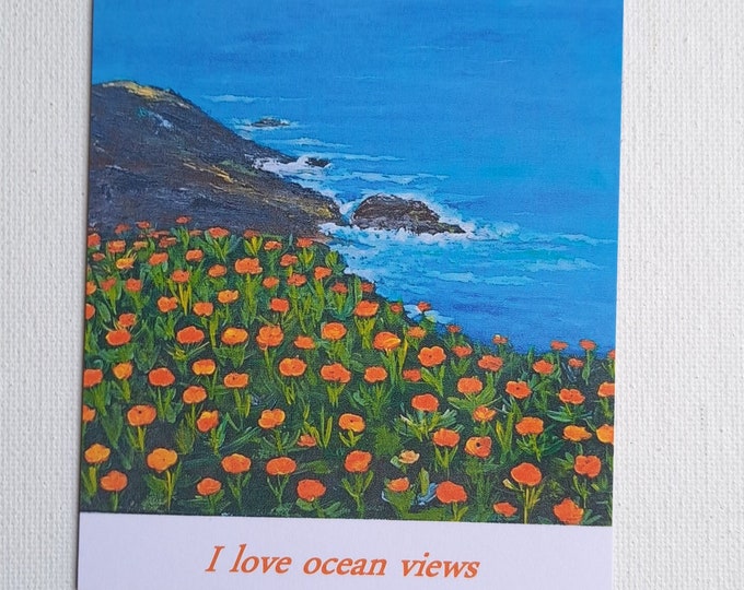 OCEAN ART Magnet"I Love ocean views"- California Poppies Scenery Magnet 3.5" x 4" Kitchen Decor Artist Magnet -
