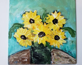 Sunflowers Still-life Original acrylic painting- "Garden Sunflowers"- canvas Panel 6x6" - Flower Art small art