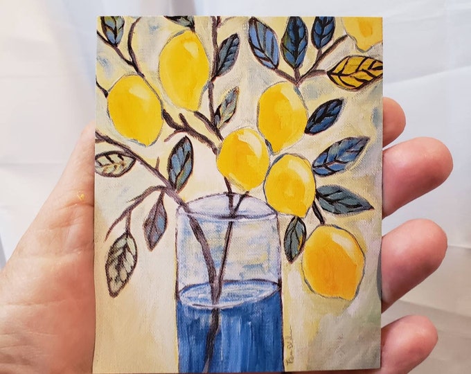 Lemon Magnet - Lemon Branch In Vase -3.25x4.25 inches Lemon Art Kitchen Magnet-small gift idea under 10- Lemon Home Decor