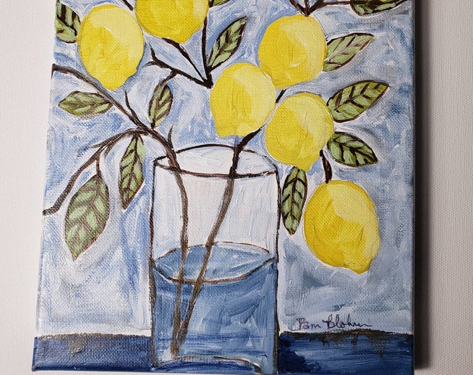 LEMON Branch Kitchen Art "Fresh Picked " - 8x10 Original Acrylic Art- 8x10 Canvas Artwork- Yellow and Blue Kitchen Wall Decor- Yellow Lemons