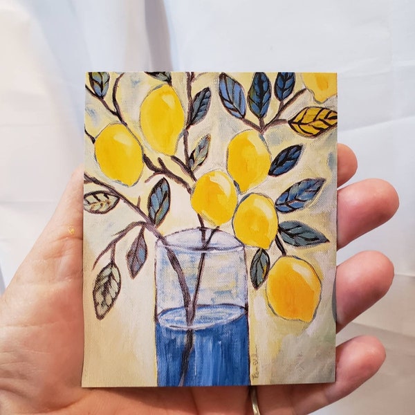 Lemon Magnet - Lemon Branch In Vase -3.25x4.25 inches Lemon Art Kitchen Magnet-small gift idea under 10- Lemon Home Decor