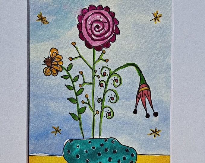 Whimsical "Fabulous Flowers " Original Watercolor and Ink artwork - Flowers in Teal Polka Dot Vase-White matted to 8x10 frame size