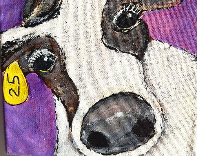 Original acrylic painting "Cow #25" -6x6 inch stretched canvas Farm Animal Theme artwork - Purple and White art