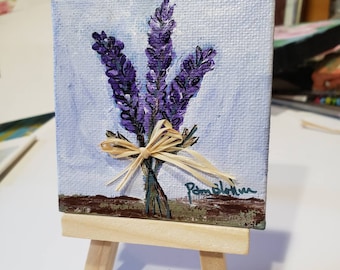 Special ORDER for BM -SOLD -Small art "Lavender Stems" original acrylic painting- 3x3 inch stretched canvas includes display easel.