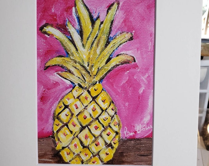 PRINT "Golden Pineapple" Artist PRINT - white matted to 8x10 frame size - Hawaii Tropical Fruit wall art PRINT- Pink and Yellow Kitchen art