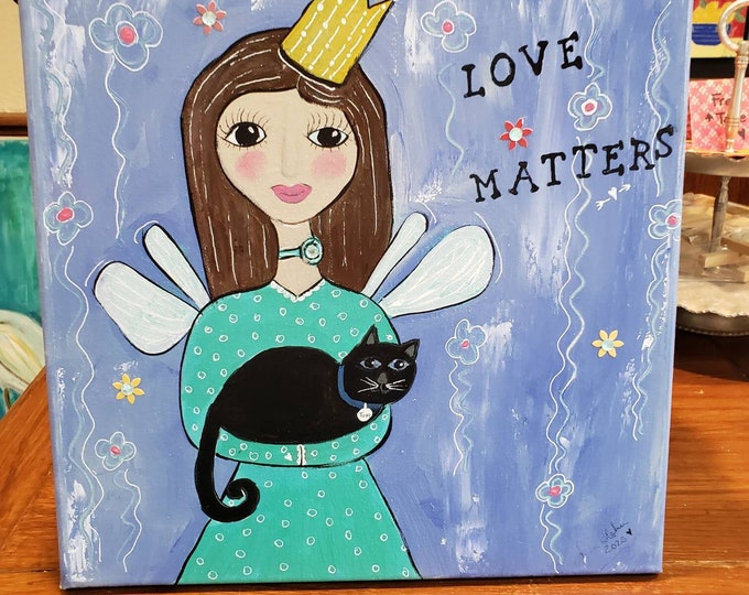 ANGEL & Black Cat "Love Matters" - Original acrylic painting -12x12 Wall art - Girls Room artwork - Angel with Crown