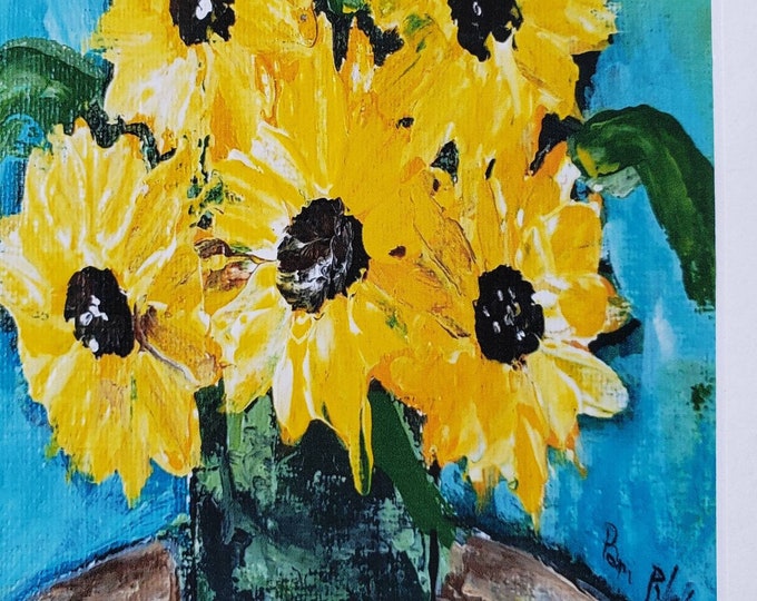 Vase of "Garden Sunflower Bouquet"   -8x10 white matted PRINT from artist original - Impressionist wall art-Yellow Sunflower Art