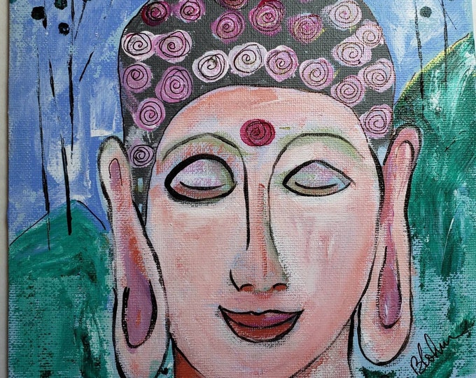 Buddha Head "Meditation"  Original Acrylic Painting -8x10 Artist Canvas Panel - Zen art - Unique Buddha artwork- PINK Buddha