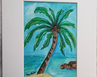 Original "Hawaii Palm" Tree watercolor & ink painting - 5x7 art white matted to 8x10 frame size - island palm tree art