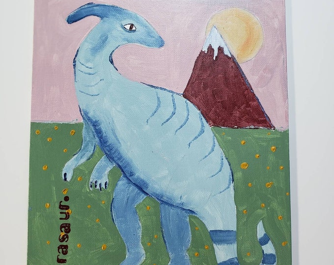 Parasaur Dinosaur Original acrylic painting- -8x10 canvas panel- kids Room Dino art-boho color pallette