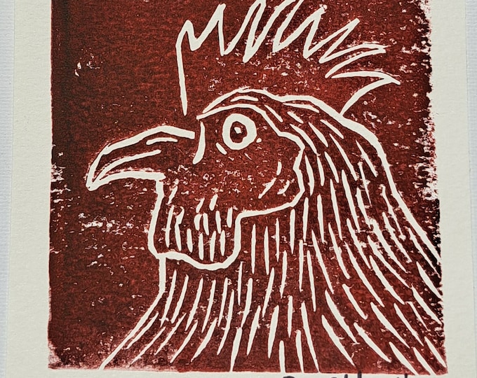 Rooster head Lino Print-Burgandy Red Unframed 5x5 Small art Print only-Print 4/50