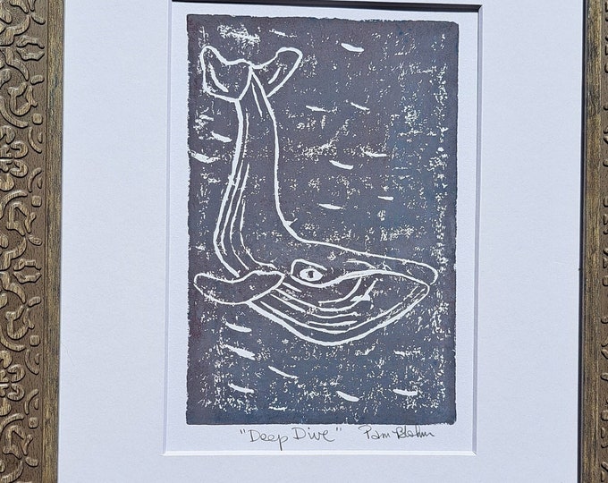 Humpback Whale "Deep Dive"  Linoleum Block Print- unframed but White Matted to 8x10 Frame size - Grey Home Decor -Ocean Art
