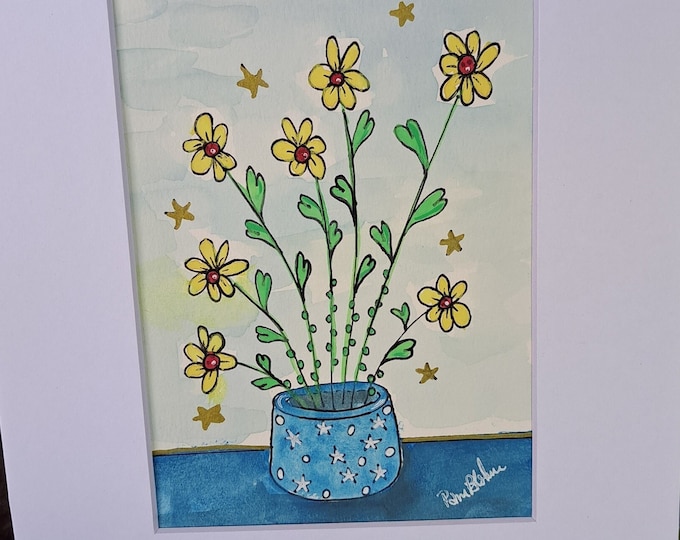 Original " Yellow flowers in Stars Vase"  Watercolor & Ink painting - white matted to 8x10 Frame Size- Flower in Vase artwork