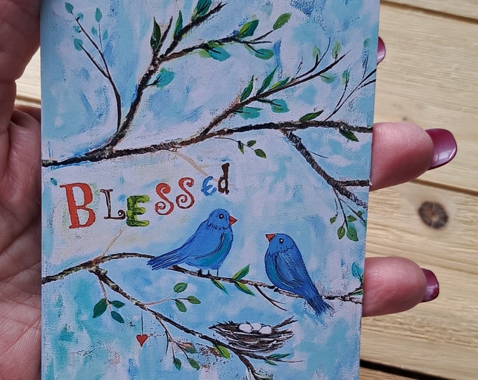 Birds at Nest Magnet "Blessed"- small art gift idea under 10- Baby Shower artist magnet - Appox. 3.5x4 "
