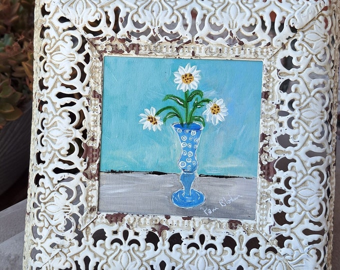 Framed White Daisies in a Blue Polka-dot vase- 4x4 Original Acrylic Painting on Birchwood canvas-Framed Artwork Gift Idea.