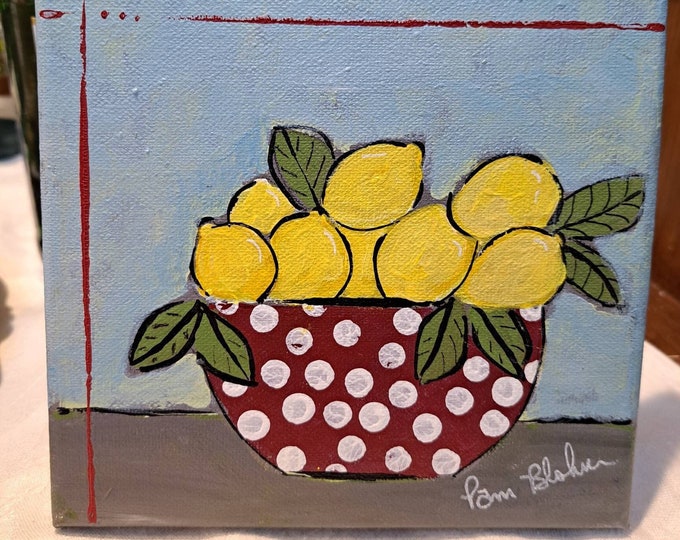 Original Acrylic Painting "Bowl Full of Lemons" -6x6 inch stretched canvas- kitchen decor artwork