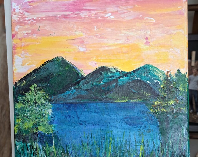 Lake and Mountains Landscape "Summer Sunset" Original acrylic painting-12x12 Stretched canvas