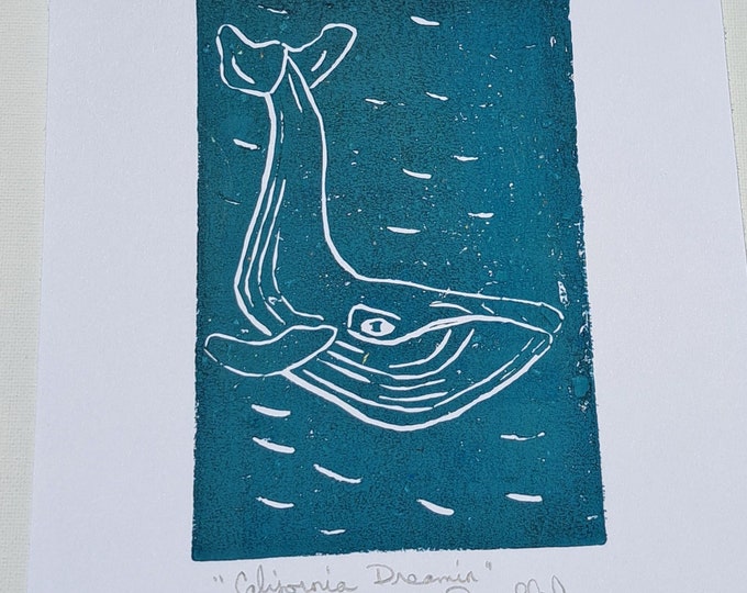 Humpback WHALE  "California Dreamin" - Linoleum Block Print -Diving Whale Wall art -7"x9" deep TEAL Home Decor