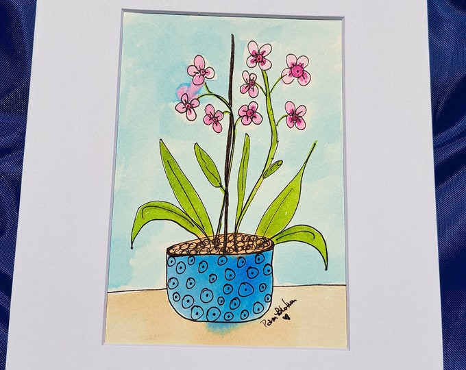 ORIGINAL "Pink Potted Orchids" Watercolor and ink White Matted to 8x10 -House plants wall art